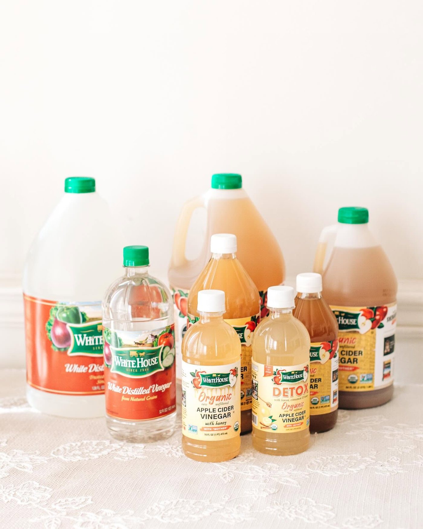 A lineup of White House vinegar, apple cider vinegar, and detox products